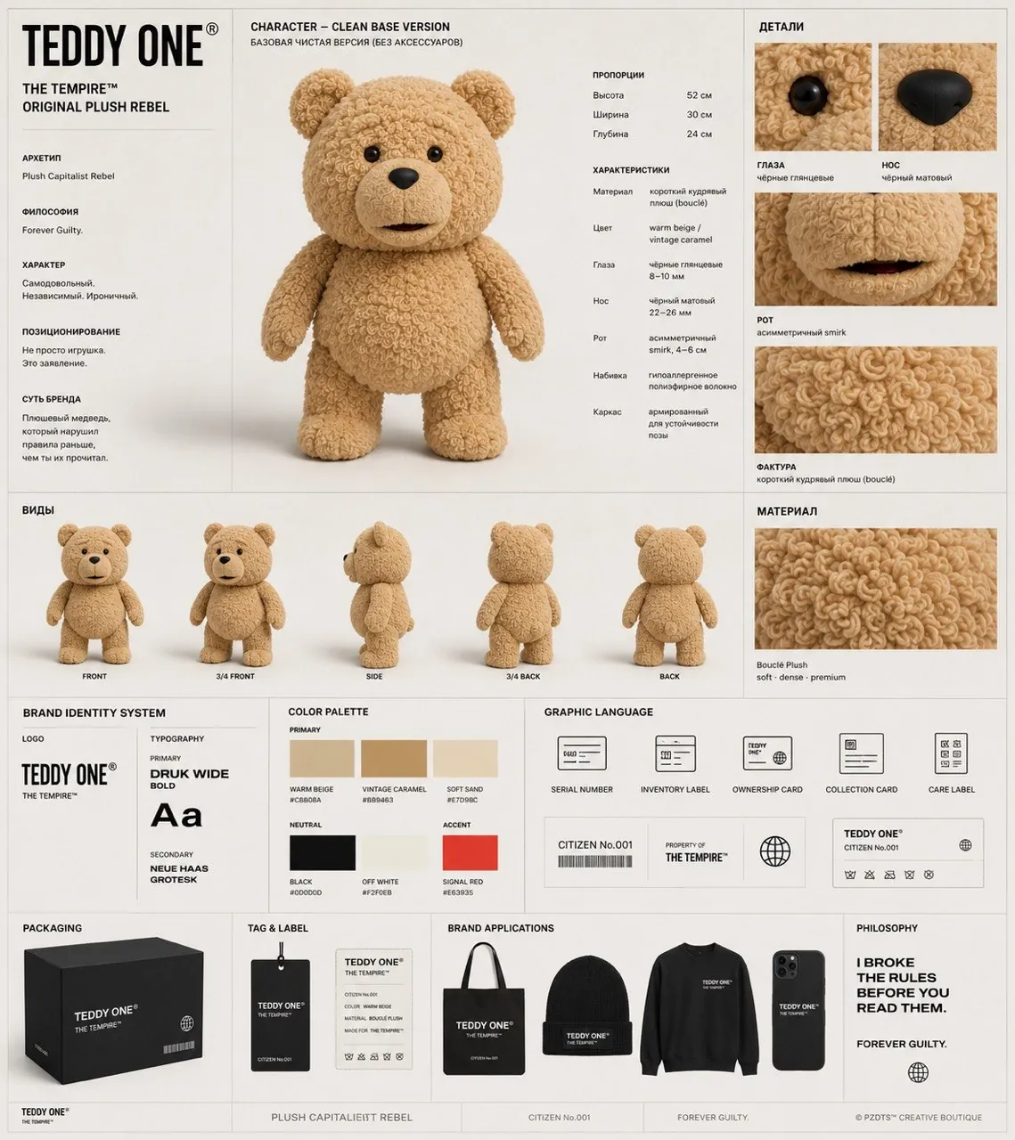 Бренд-лист персонажа Teddy One: пропорции, фактура, палитра, упаковка и мерч