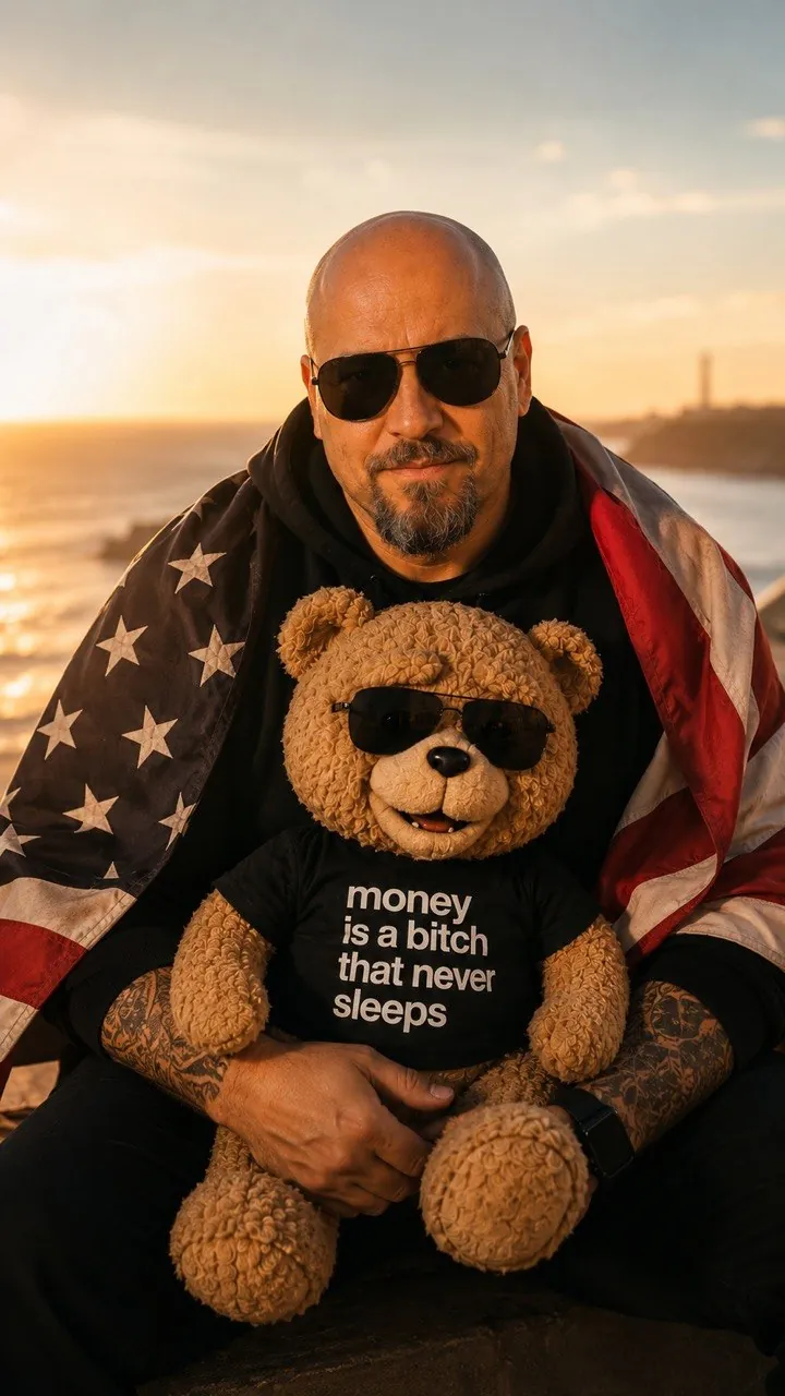 Основатель PZDTS с медведем Teddy One в футболке «money is a bitch that never sleeps»
